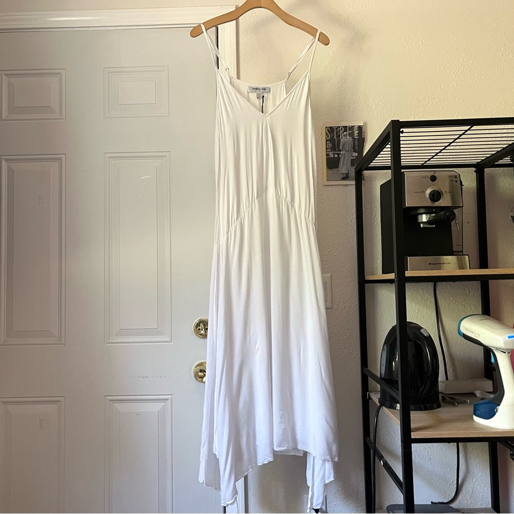 PAMPELONE white rayon v neck draped hem sleeveless midi‎ maxi dress